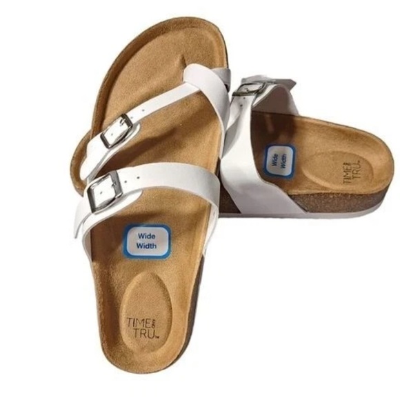 Time and Tru White Sandals Women's 8.5 Wide Width Cork Footbed Buckle Comfort - Picture 3 of 5